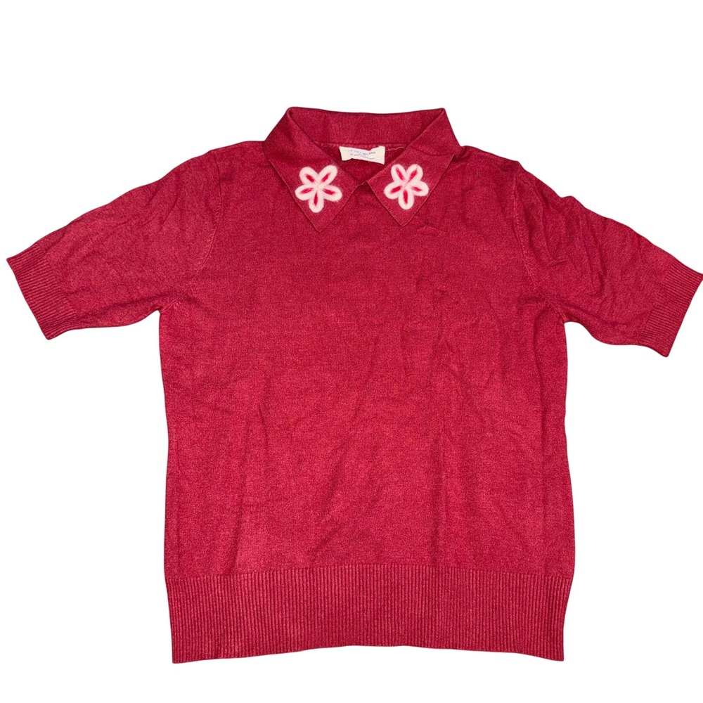La Vila Milano Red Short Sleeve Knit Polo Sweater Floral Collar Italy Medium